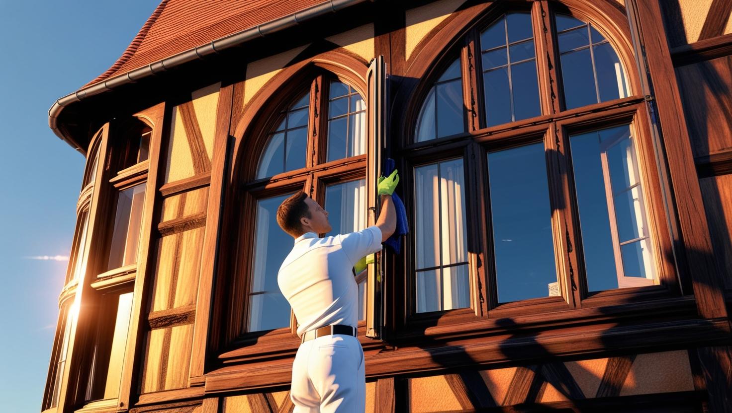 homme de menage qui nettoie vitre d'une maison alsacienne homme de menage qui nettoie vitre d'une maison alsacienne